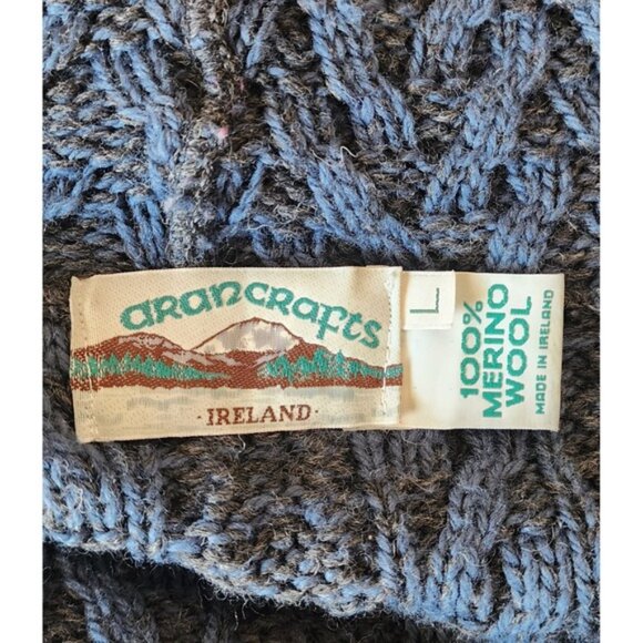 Aran Crafts Ireland Merino Wool Cable Knit Cardigan Sweater Blue Sz L - Picture 5 of 5